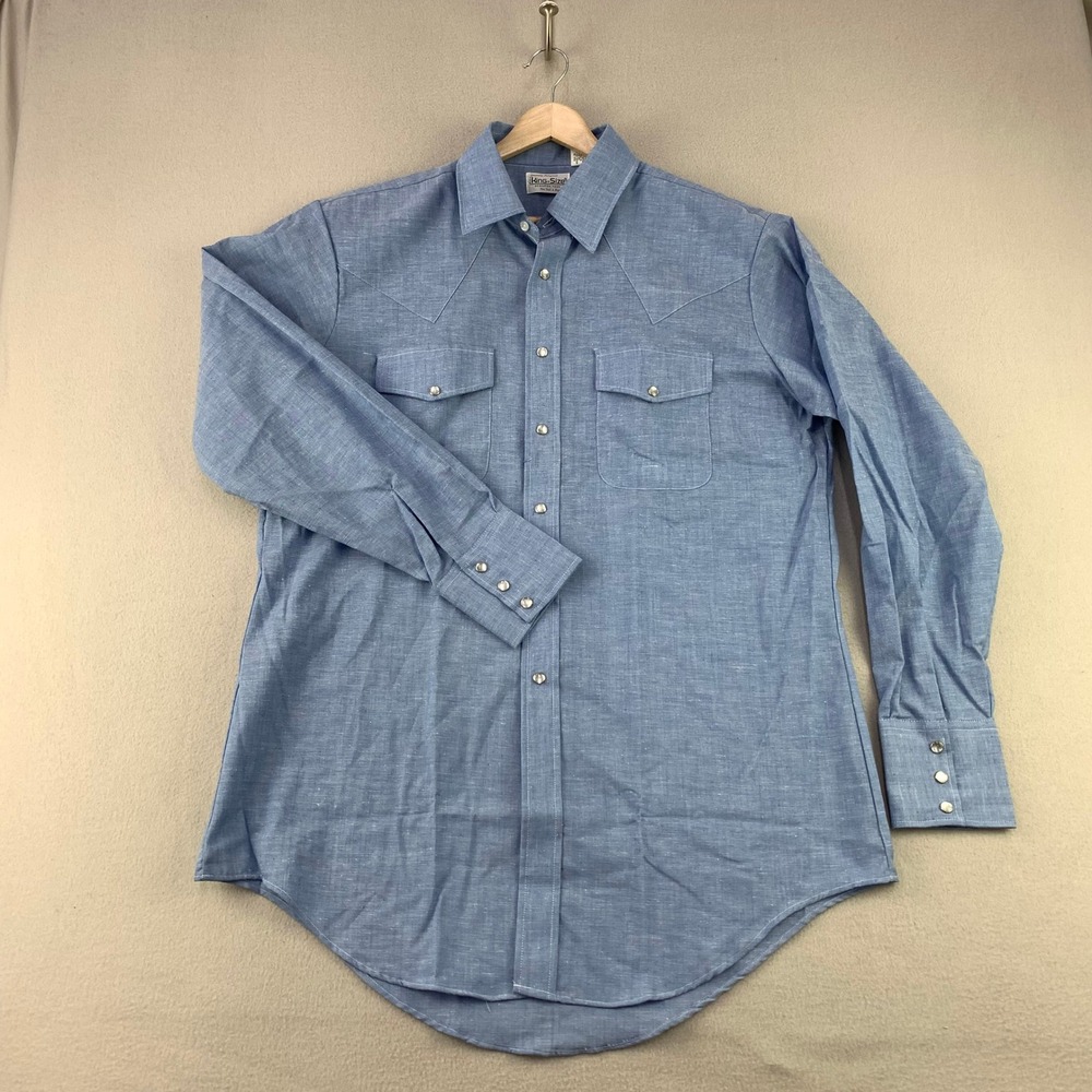 Vintage King Size Chambray Western Snap Shirt Mens LT Blue Long Sleeve USA 70s